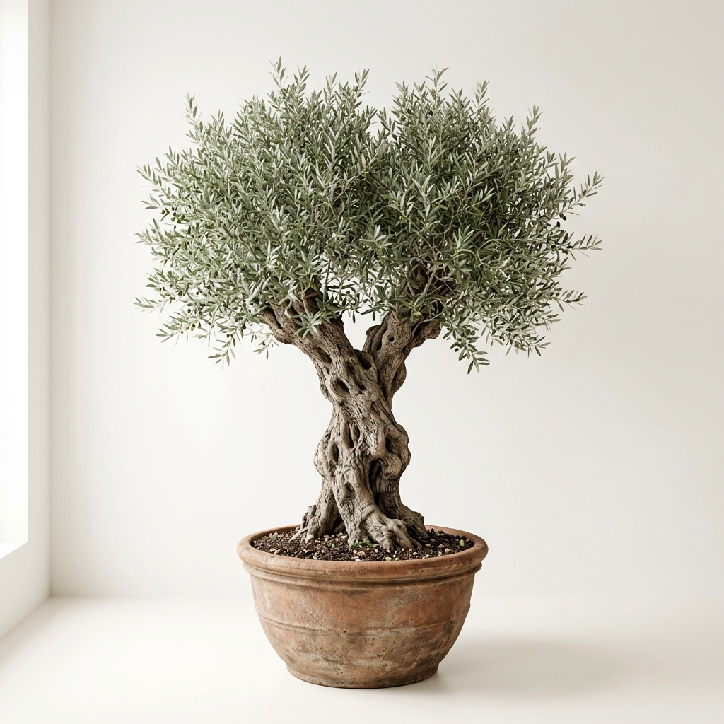 Olivo centenario premium en maceta de terracota, estilo mediterráneo de lujo