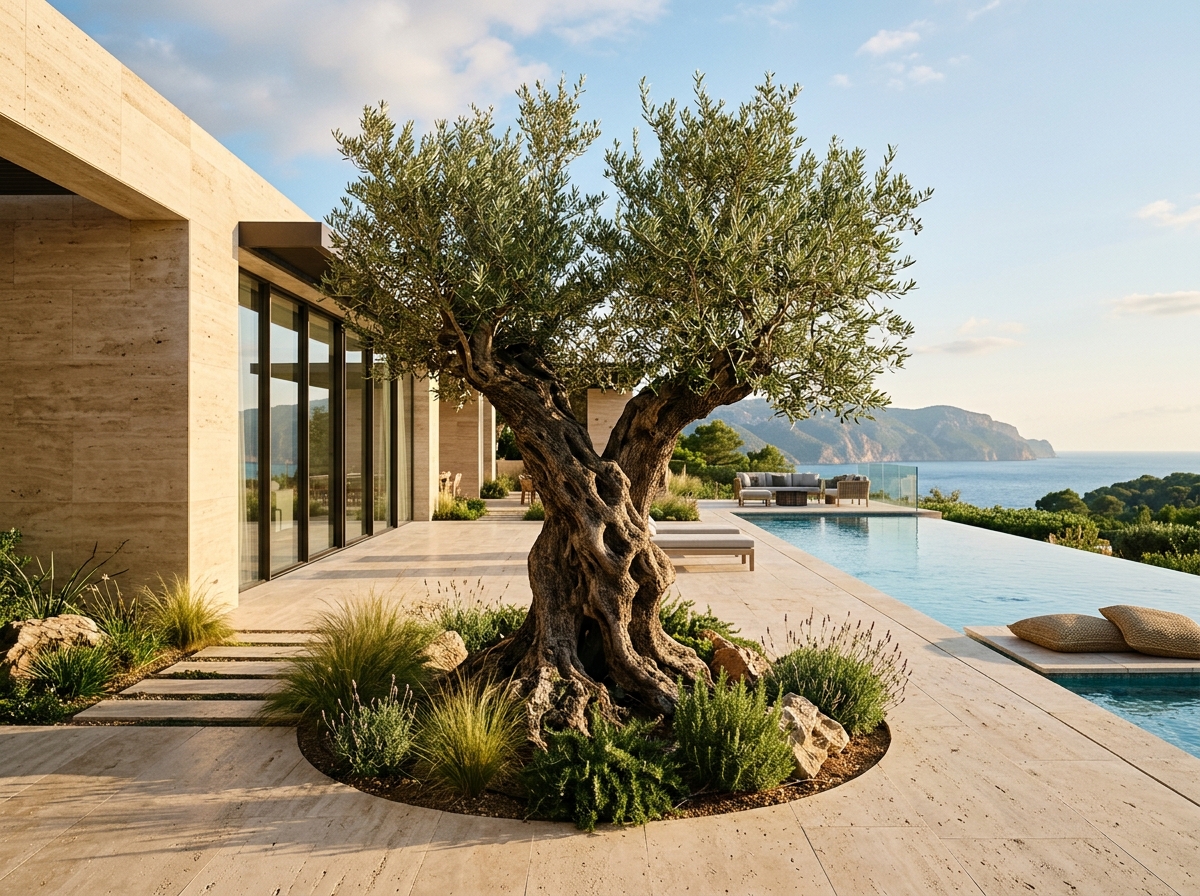 Olivo centenario integrado en la arquitectura de una villa mediterránea contemporánea