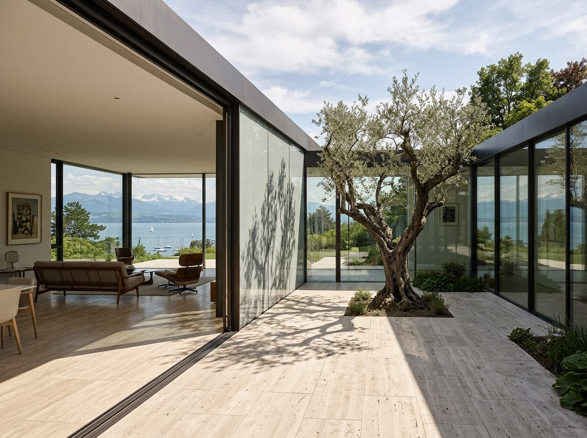 Contemporary Pavilion Switzerland with asymmetric olive tree
