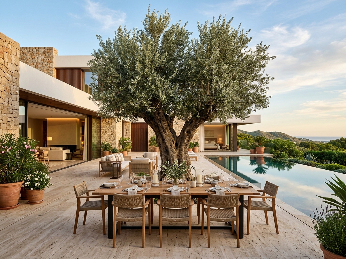 Courtyard House Southern Spain with umbrella olive tree