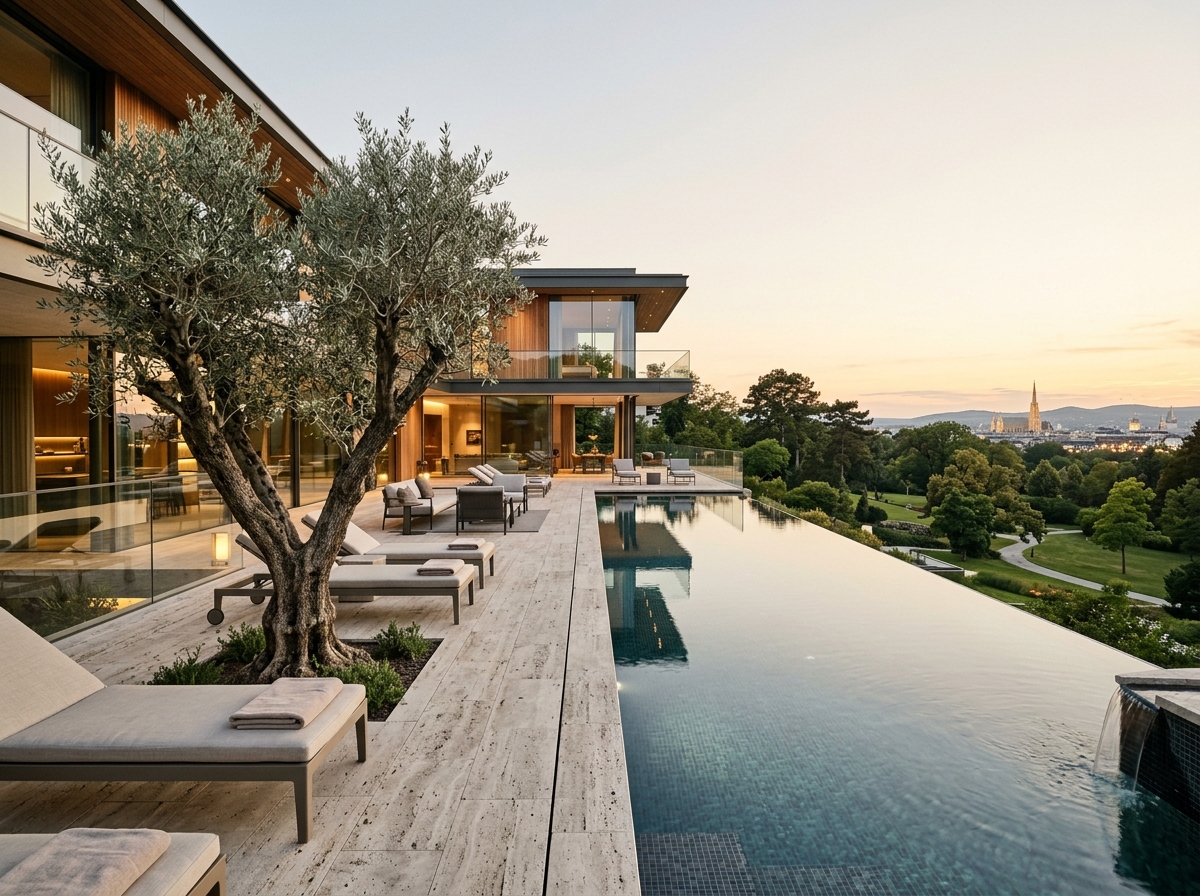 Contemporary Estate Austria with multi-stem olive tree